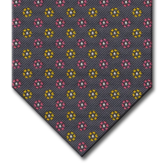 best silk necktie designs for business meetings-Charcoal Gray with Pink, Gold and Silver Floral Pattern Tie