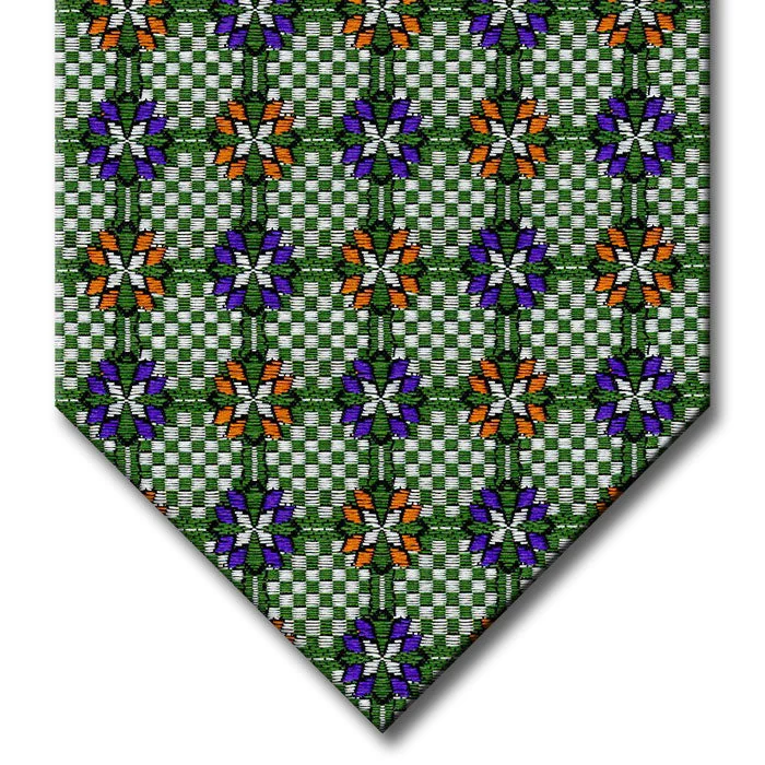 trendy office silk necktie designs-Green and Silver with Purple and Orange Medallion Custom Tie