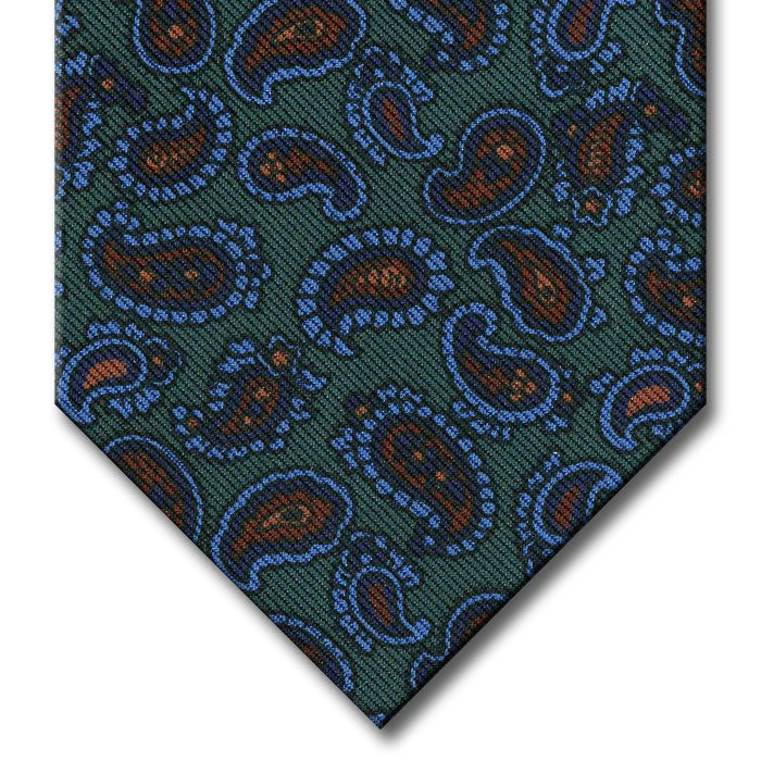 vibrant silk necktie colors for business wear-Green with Brown and Blue Paisley Tie