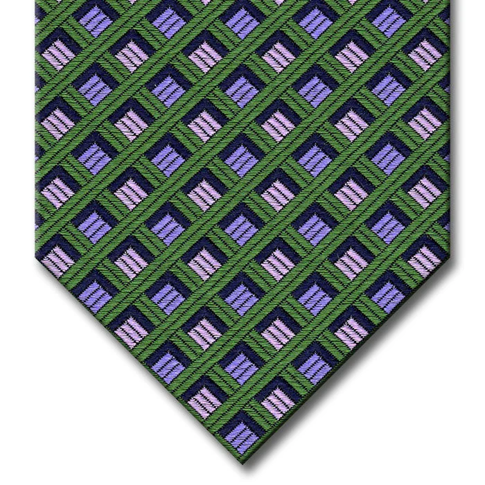 classic silk necktie sets for business wear-Green with Dark Blue and Lavender Geometric Pattern Tie