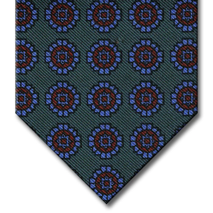 high-end wedding silk necktie sets for men-Green with Red and Blue Medallion Tie