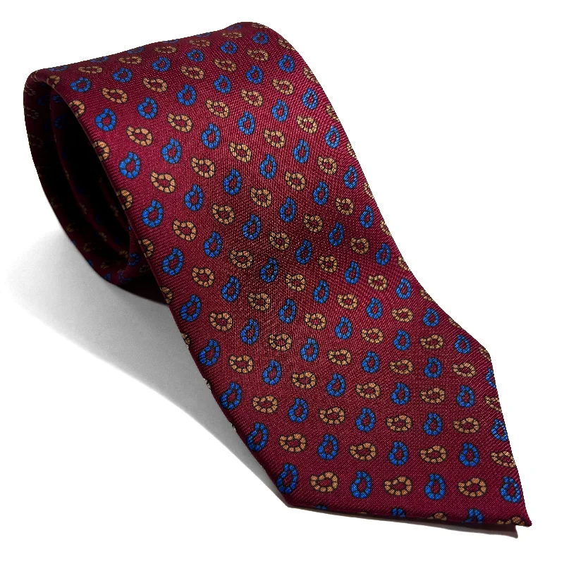 slim silk necktie ideas for office meetings-Hand-Printed Burgundy Small Paisley Silk Tie