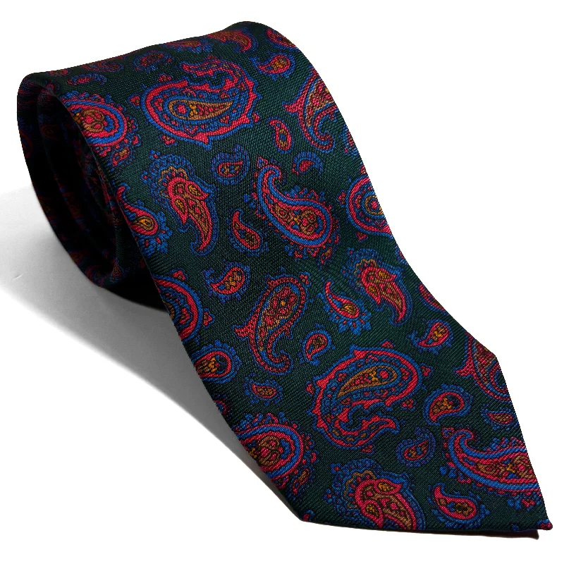 premium silk necktie colors for office wear-Hand-Printed Forest Green Paisley Silk Tie