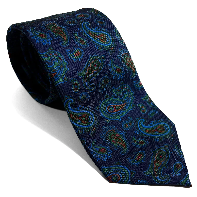 designer silk necktie packs for office wear-Hand-Printed Nautical Blue Paisley Silk Tie