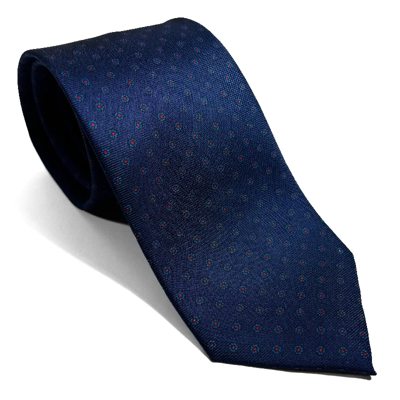 high-end wedding silk necktie sets for men-Hand-Printed Navy Blue Floral Silk Tie