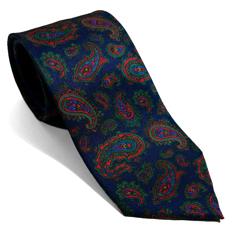 modern silk wedding tie ideas for men-Hand-Printed Navy Blue Paisley Silk Tie