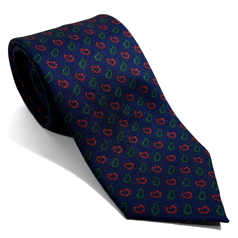 best silk necktie designs for business wear-Hand-Printed Navy Blue Small Paisley Silk Tie