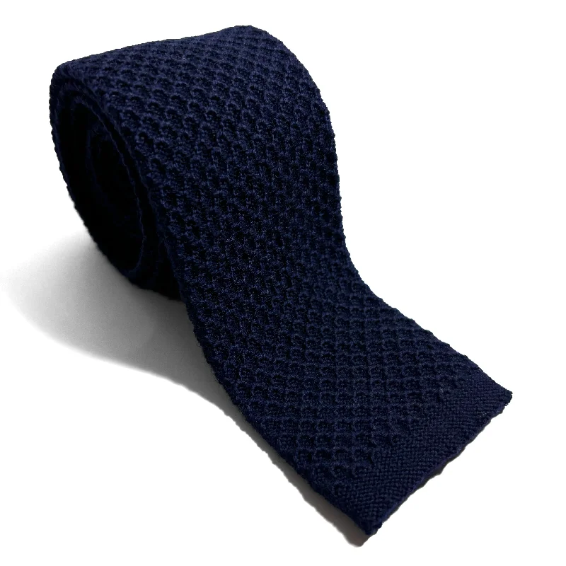 classic silk wedding necktie sets-Large Knot Navy Blue Wool Knitted Tie