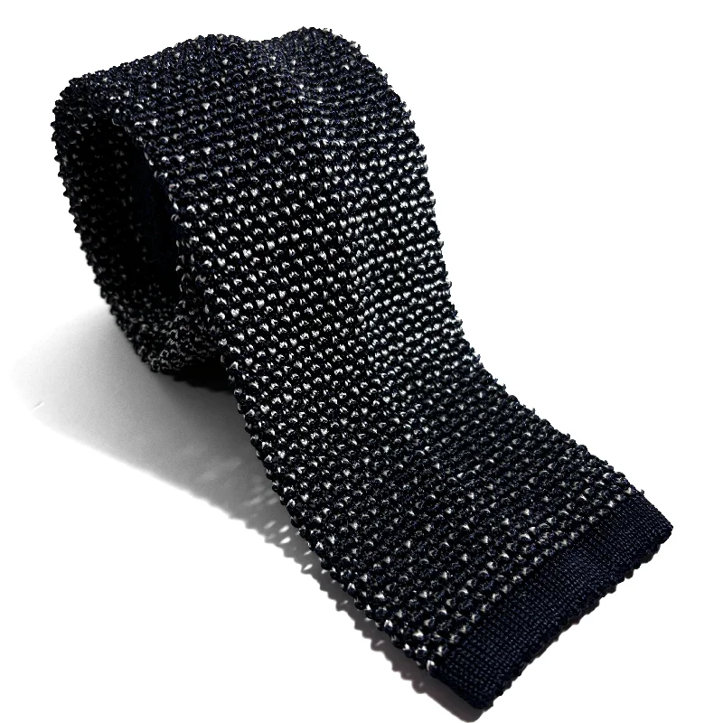 trendy silk wedding bow ties for men-Mottled Navy Blue Silk Knitted Tie