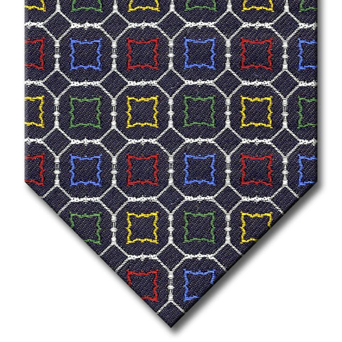 best silk wedding necktie options for men-Navy and Silver with Red, Blue, Green and Orange Medallion Custom Tie