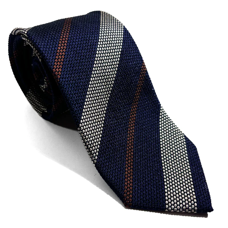 designer silk wedding necktie options-Navy Blue / Silver Striped Silk Grenadine Tie