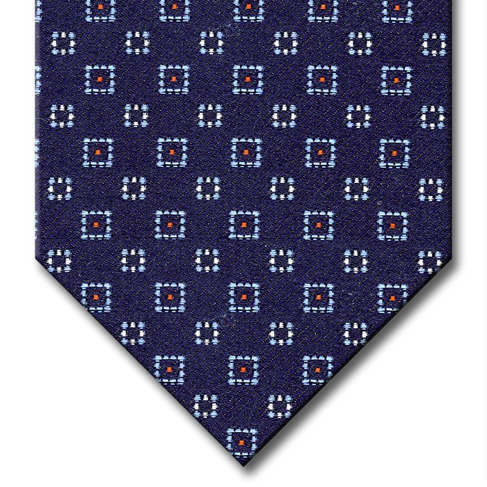 premium silk necktie patterns for wedding events-Navy with Light Blue, Red and Silver Geometric Pattern Custom Tie