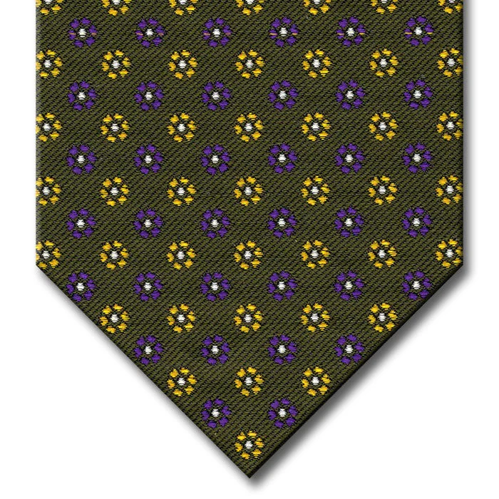 unique wedding silk necktie sets for men-Olive with Purple, Gold and Silver Floral Pattern Custom Tie