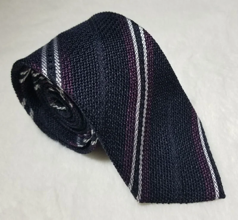 premium silk necktie patterns for office meetings-Navy Blue Italian Grenadine Tie w/ Purple & White Stripes