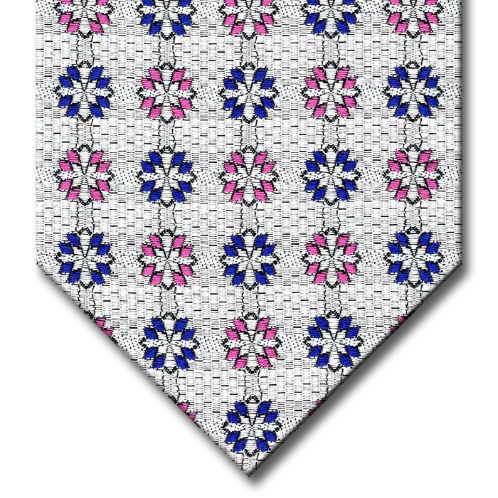 premium office silk necktie designs for business wear-Silver with Navy and Pink Medallion Custom Tie