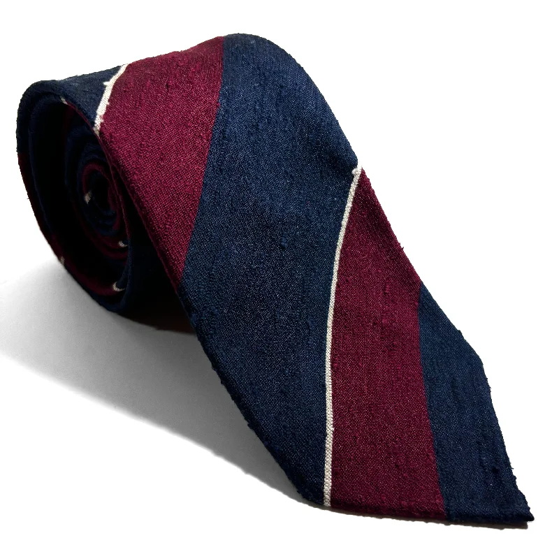 colorful silk necktie combinations for business events-Untipped Navy Blue / Burgundy Block Stripe Silk Shantung Tie