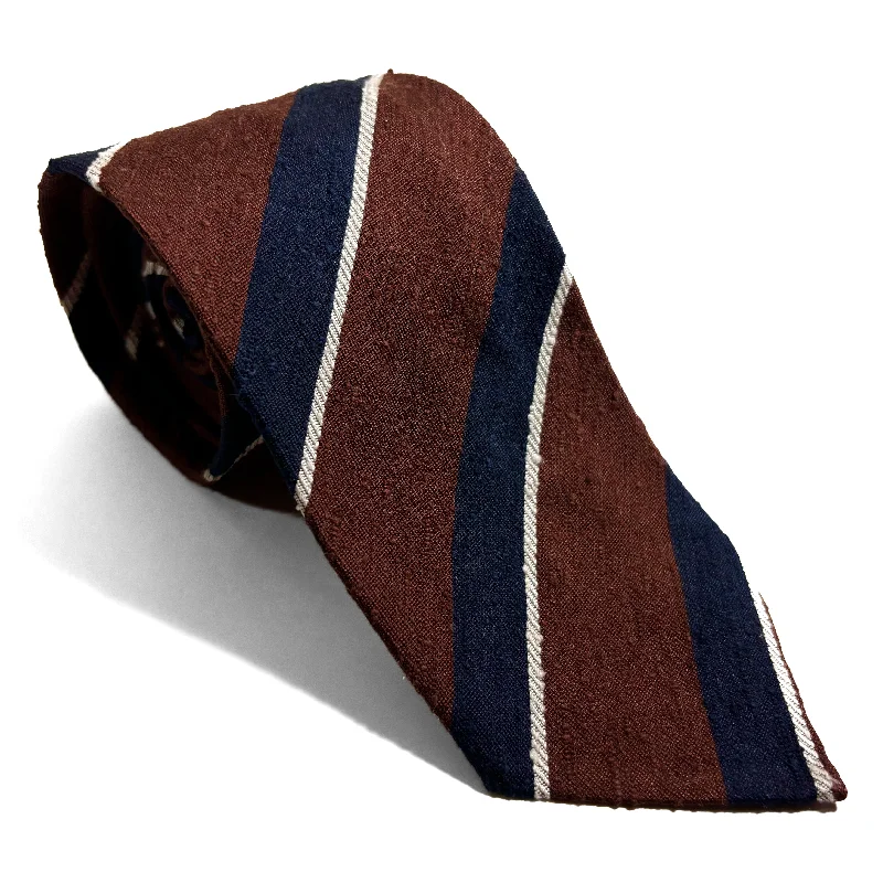 trendy silk wedding necktie options for men-Untipped Rust Brown / Navy Striped Silk Shantung Tie