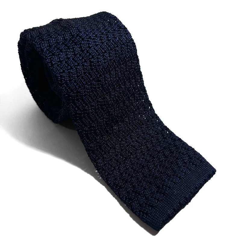 classic silk necktie colors for office wear-Zig-Zag Navy Blue Silk Knitted Tie