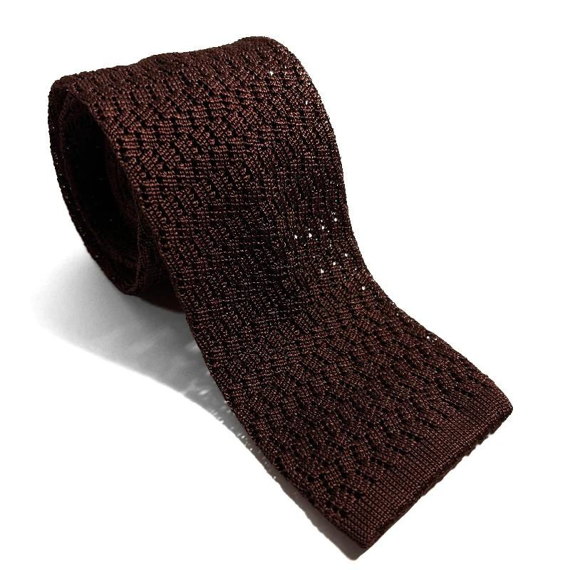 designer silk necktie sets for weddings-Zig-Zag Rust Brown Silk Knitted Tie