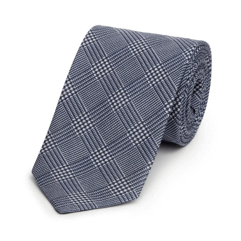 vibrant silk necktie colors for business wear-Navy Prince of Wales Check Arran Linen Tie