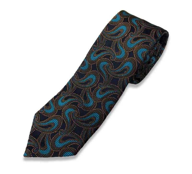 slim silk wedding tie options for men-Navy Blue Brown Paisley Silk Tie