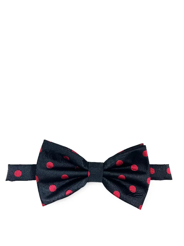 modern silk wedding tie ideas for men-Black and Red Polka Dot Bow Tie and Pocket Square