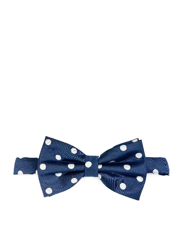 designer silk necktie packs for office wear-Navy and White Polka Dot Bow Tie and Pocket Square