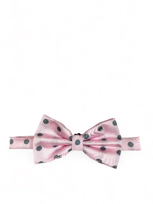 unique silk necktie designs for wedding events-Pink and Grey Polka Dot Bow Tie and Pocket Square