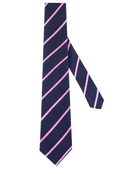 unique silk bow ties for weddings-M.J. Bale - Britten Pencil Stripe Silk Tie - Navy with Pink