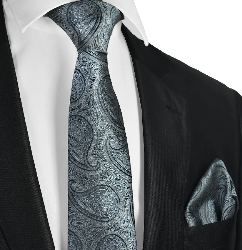 elegant silk necktie designs for business-Gunmetal Grey Paisley Necktie Set