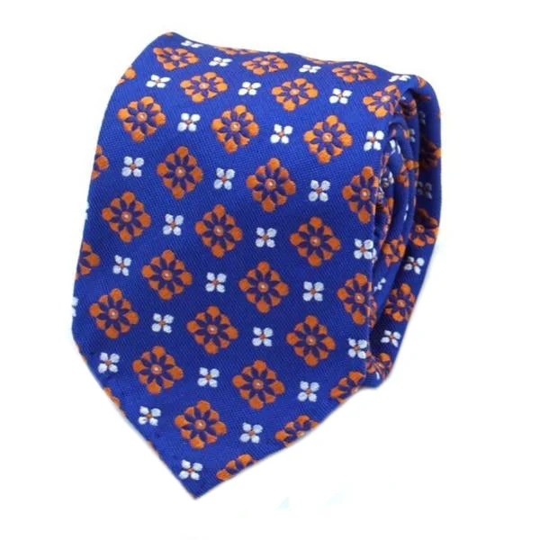 silk bow tie options for office wear-Blue and Orange Floral Patterned Silk Tie