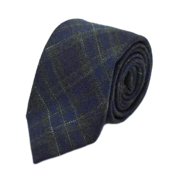 affordable silk necktie designs for weddings-Navy Green Check Silk Wool Tie