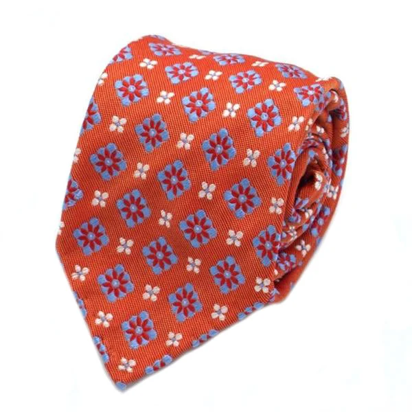 trendy office silk necktie combinations for men-Orange and Blue Floral Patterned Silk Tie