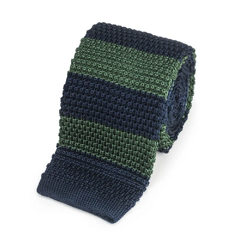 premium silk necktie designs for business wear-KNITTED SILK TIE IN NAVY WITH GREEN STRIPE