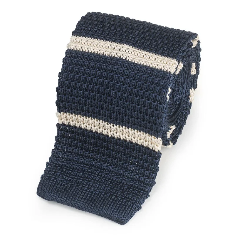 designer silk necktie combinations for weddings-KNITTED SILK TIE IN NAVY WITH WHITE STRIPE