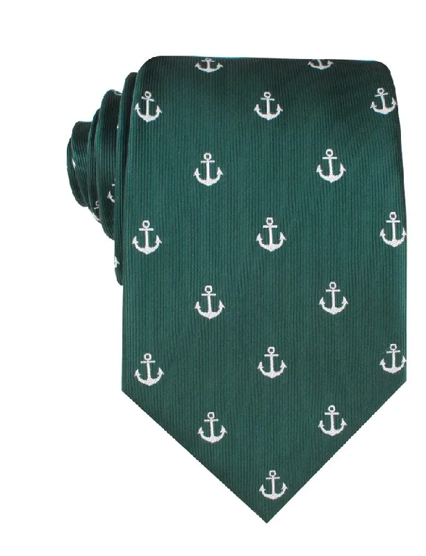 affordable silk necktie ideas for weddings-Anchor Tie - Dark Green & White