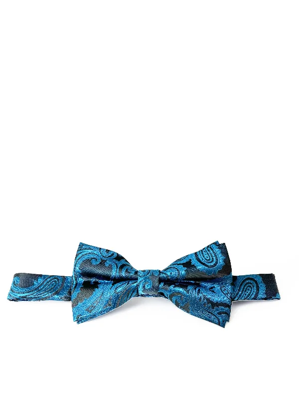 premium silk necktie patterns for wedding events-Metallic Blue and Black Paisley Bow Tie