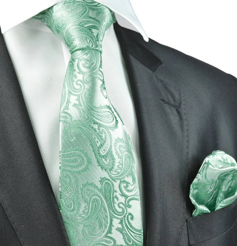 trendy silk wedding necktie options for men-Mist Green Paisley Necktie and Pocket Square