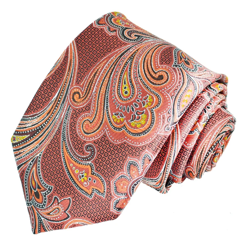 premium silk bow ties for weddings-Fire Red Paisley Necktie and Pocket Square