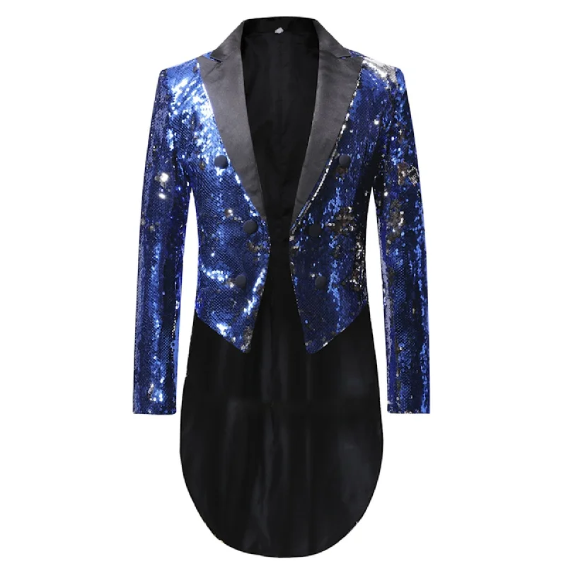 Men's tailored tuxedo jacket for wedding party -Blue Reversible Sequin Swallowtail Blazer