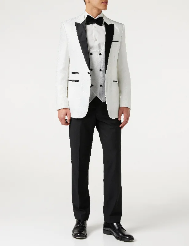 Men's designer tuxedo for office gala event -BRIAN - Floral Jacquard Print White Tuxedo Jacket With Waistcoat