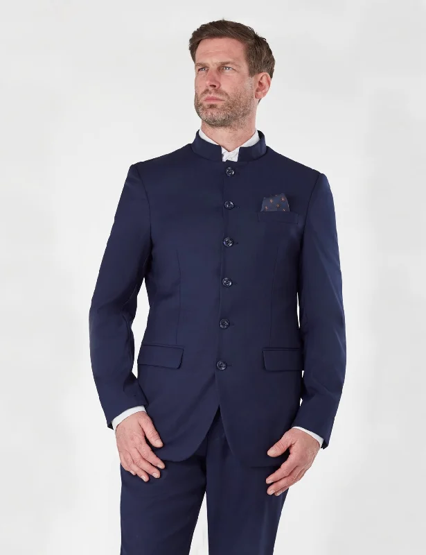 Men's modern tuxedo for corporate business events -CHINESE GRANDAD COLLAR NAVY JACKET