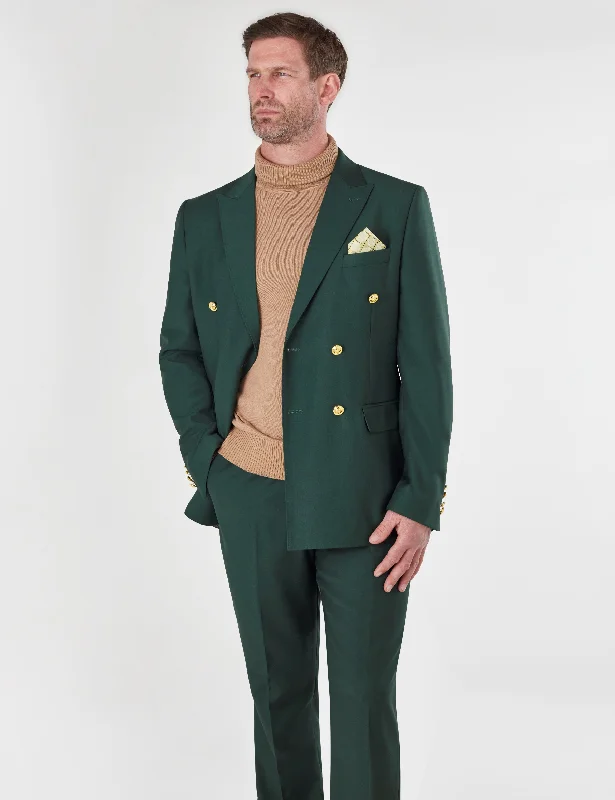 Men's designer tuxedo jacket with satin lapels for wedding -GREEN DOUBLE BREASTED GOLD BUTTON JACKET