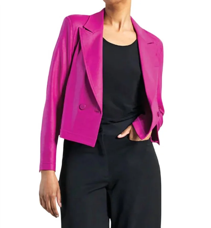 Men's slim fit tuxedo for special business event -Liquid Leather Cropped Tuxedo Blazer In Magenta