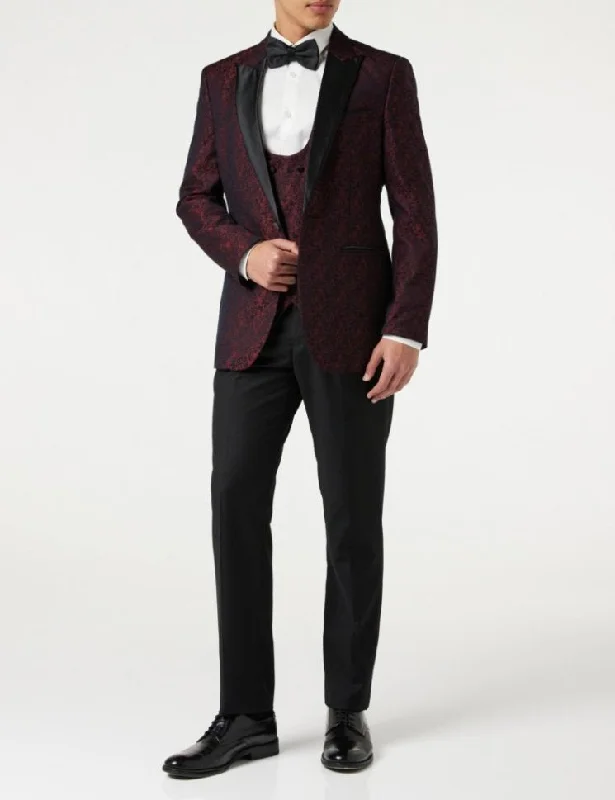 Men's luxury tuxedo jacket with satin collar for wedding -LUCA - MAROON PRINTED DINNER TUX JACKET