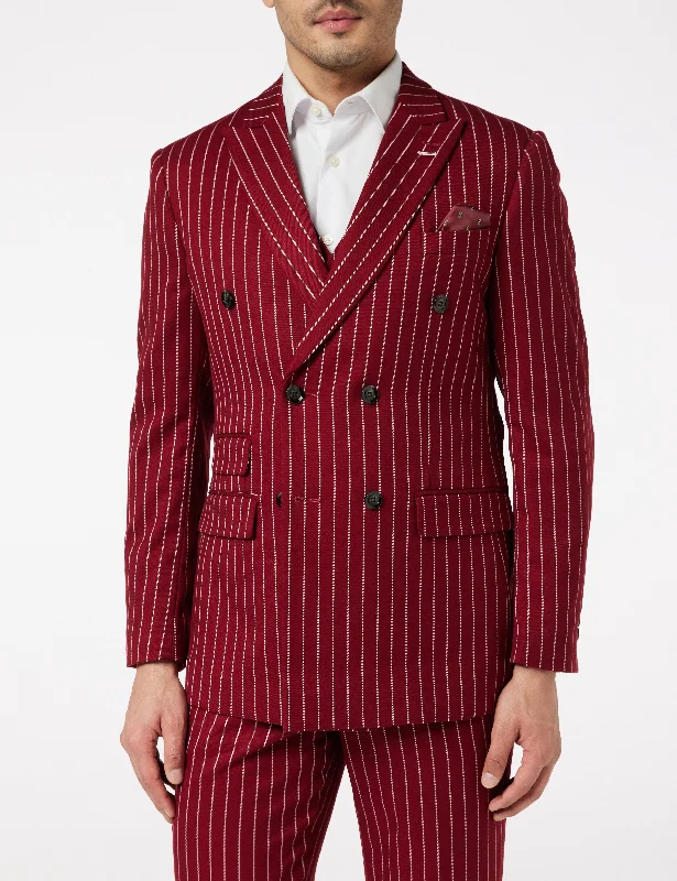 Men's classic tuxedo jacket with satin lapels for office event -Pinstripe Double Breasted Maroon Jacket