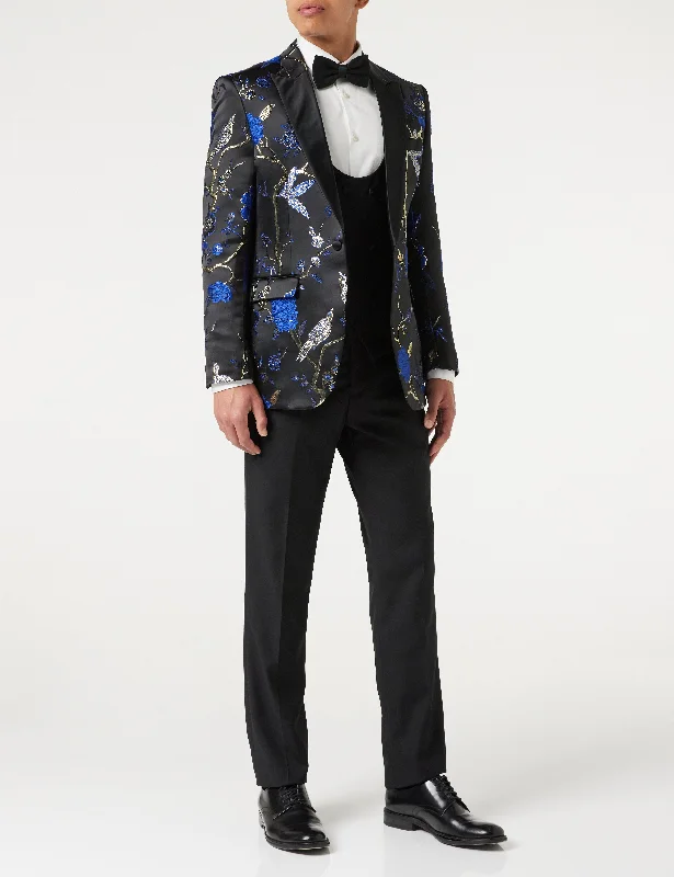 Men's tailored tuxedo with satin finish for wedding -TUXEDO BLACK BLUE FLORAL BLAZER