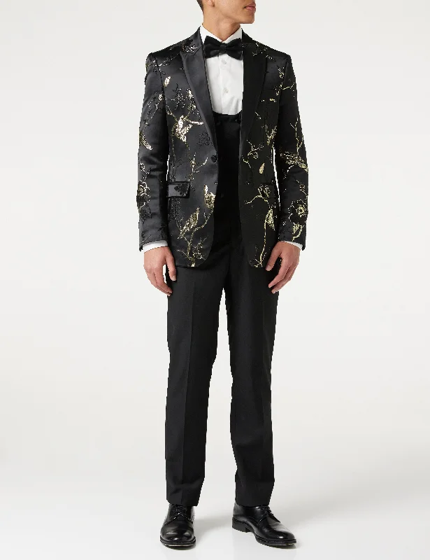 Men's luxury grey tuxedo jacket for wedding -TUXEDO BLACK GOLD FLORAL BLAZER