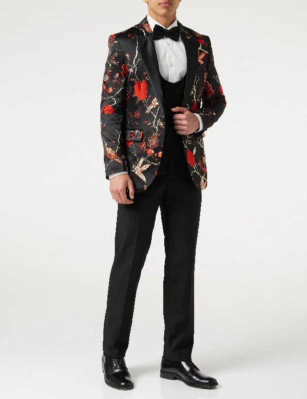 Men's business tuxedo for evening event -TUXEDO BLACK RED FLORAL BLAZER