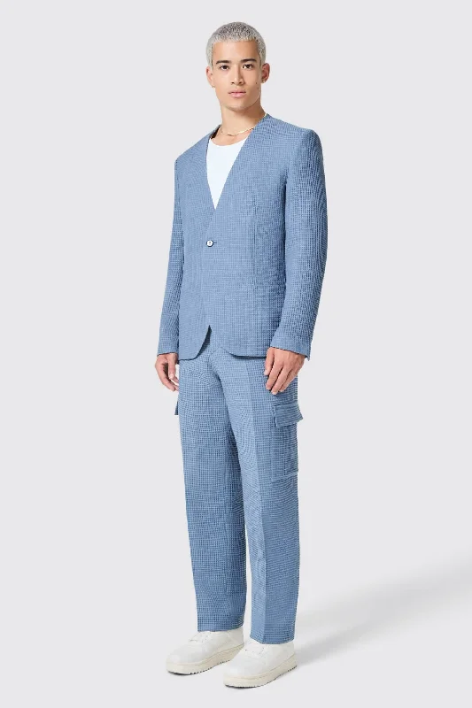 Men's classic navy tuxedo for corporate event -Anthony Oversized Blue Waffle Knit Cotton Suit - ARCHIVE